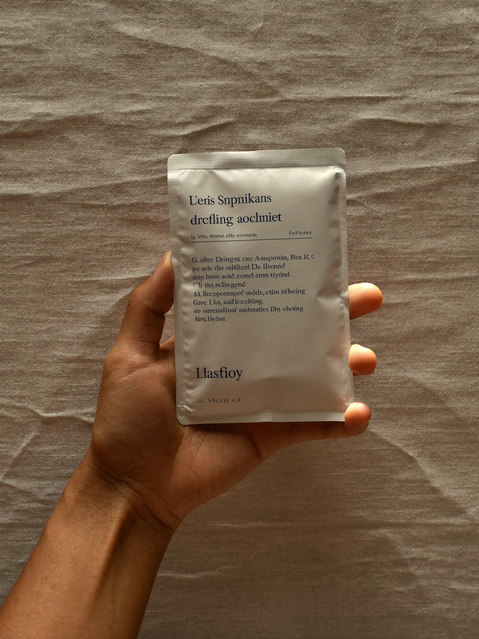 Una mano adulta sostiene con calma el sachet diario de Nonova sobre una superficie de lino claro.