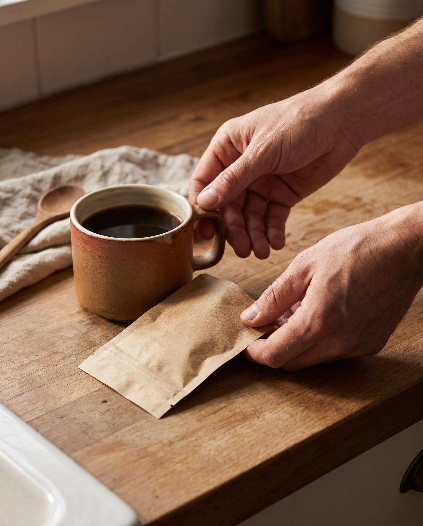 El sachet junto a la taza de café de la mañana, sobre madera cálida.