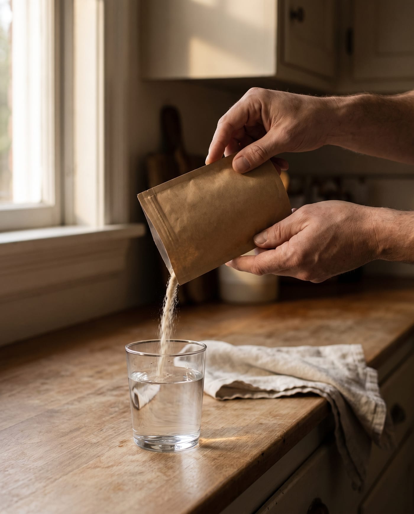 Manos adultas vierten el polvo del sachet en un vaso de agua, luz lateral de mañana.