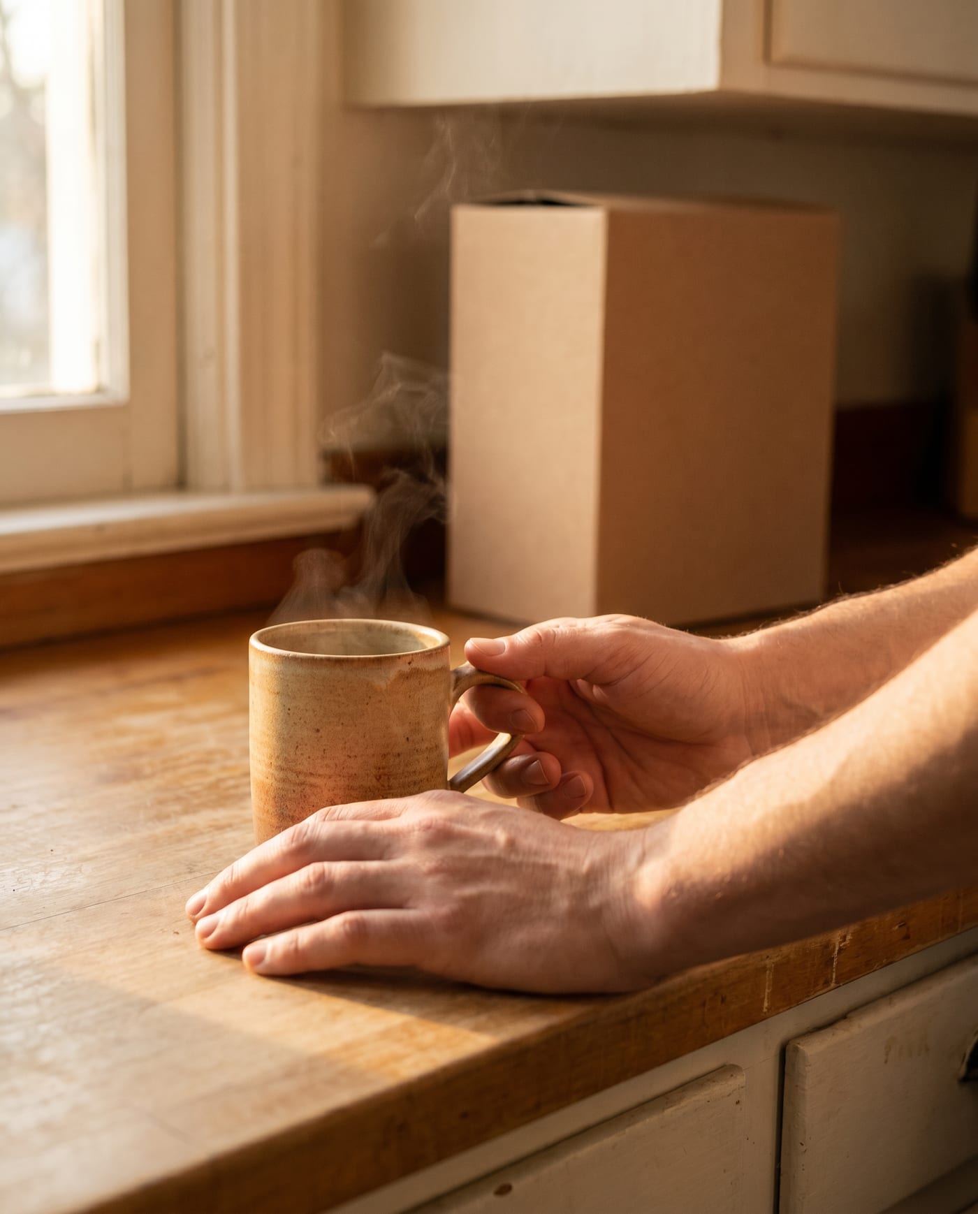 La taza caliente, la caja al fondo